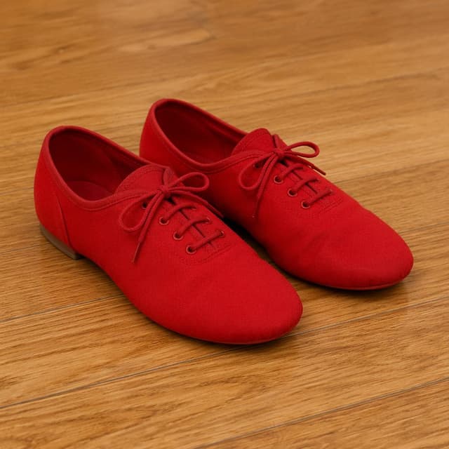A pair of bright red cloth dance shoes on a plain wooden floor
Chat attachment instruction: Generate exactly one in-world chat attachment, not a collage, split-screen, comic panel, flashback, or explanatory scene. If the prompt is a screenshot, phone screen, document, note, card, map, receipt, label, object photo, or photo someone took, frame that artifact directly. A name appearing in visible text or in 'photo taken by X' is not an instruction to draw that person. Do not show recurring story participants as visible people unless the prompt itself explicitly says they are visible. Keep unrequested people, faces, and bodies out of the image.