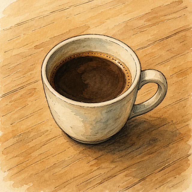 A single cup of coffee on a plain table, storybook style, ink and watercolor
Chat attachment instruction: Generate exactly one in-world chat attachment, not a collage, split-screen, comic panel, flashback, or explanatory scene. If the prompt is a screenshot, phone screen, document, note, card, map, receipt, label, object photo, or photo someone took, frame that artifact directly. A name appearing in visible text or in 'photo taken by X' is not an instruction to draw that person. Do not show recurring story participants as visible people unless the prompt itself explicitly says they are visible. Keep unrequested people, faces, and bodies out of the image.