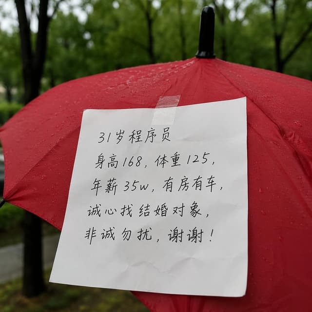 A close-up photo of a red umbrella in a park, with a handwritten paper note attached to it, showing Chinese text about a 31-year-old programmer
Chat attachment instruction: Generate exactly one in-world chat attachment, not a collage, split-screen, comic panel, flashback, or explanatory scene. If the prompt is a screenshot, phone screen, document, note, card, map, receipt, label, object photo, or photo someone took, frame that artifact directly. A name appearing in visible text or in 'photo taken by X' is not an instruction to draw that person. Do not show recurring story participants as visible people unless the prompt itself explicitly says they are visible. Keep unrequested people, faces, and bodies out of the image.