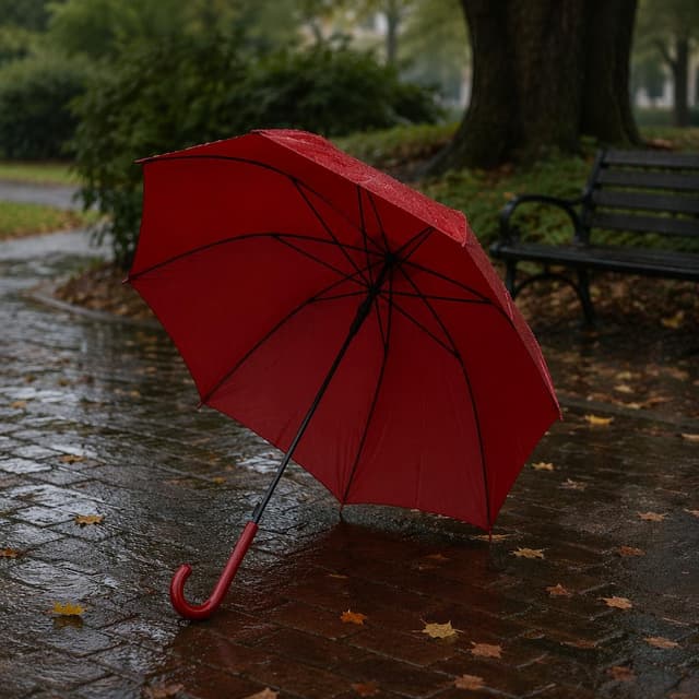 A red umbrella standing in a park, the paper note has been removed, leaving the umbrella empty
Chat attachment instruction: Generate exactly one in-world chat attachment, not a collage, split-screen, comic panel, flashback, or explanatory scene. If the prompt is a screenshot, phone screen, document, note, card, map, receipt, label, object photo, or photo someone took, frame that artifact directly. A name appearing in visible text or in 'photo taken by X' is not an instruction to draw that person. Do not show recurring story participants as visible people unless the prompt itself explicitly says they are visible. Keep unrequested people, faces, and bodies out of the image.