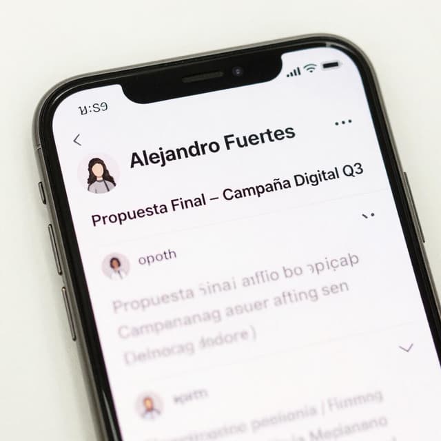 Charming ink and watercolor painting, clean lines, vibrant but soft color palette, storybook style. A close-up of a smartphone screen showing a work email. The sender line reads 'Alejandro Fuentes' and the subject line reads 'Propuesta Final – Campaña Digital Q3'. The body of the email is blurred for privacy but the header is clear. The screen has a slight glare from office lighting.