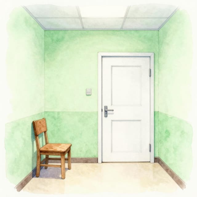 Charming ink and watercolor painting, clean lines, vibrant but soft color palette, storybook style. A small, quiet rural hospital corridor — pale green walls, one wooden chair, a single white door. Soft, sad light. Empty and still.