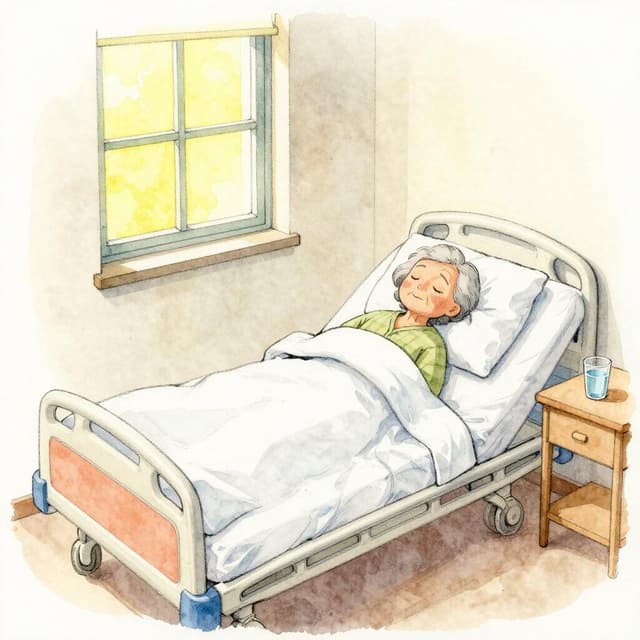 Charming ink and watercolor painting, clean lines, vibrant but soft color palette, storybook style. An elderly woman asleep in a narrow hospital bed, white sheets, one small window with pale yellow light, a glass of water on the bedside table. Peaceful and fragile.