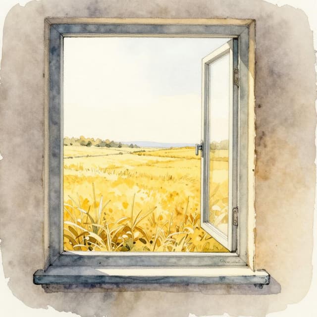 Charming ink and watercolor painting, clean lines, vibrant but soft color palette, storybook style. A view through a narrow hospital room window — flat golden fields stretching to a pale horizon, the light low and amber, very still and quiet outside.
