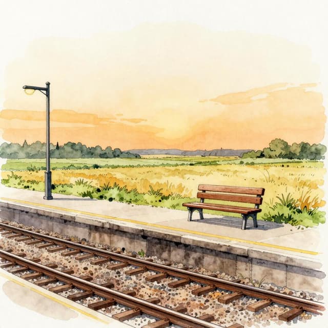 Charming ink and watercolor painting, clean lines, vibrant but soft color palette, storybook style. A small rural train platform, completely empty, late afternoon amber light, a single wooden bench, flat fields behind, one lamp post glowing faintly. Quiet and still.