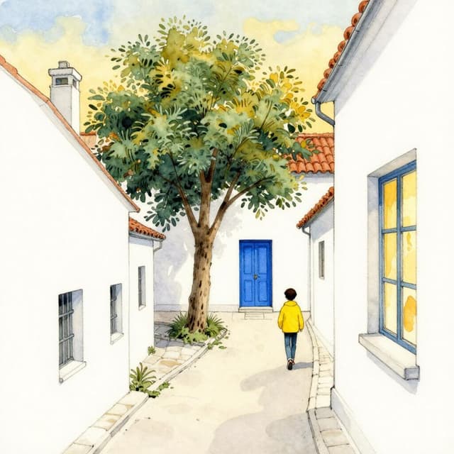 Charming ink and watercolor painting, clean lines, vibrant but soft color palette, storybook style. A narrow white village street at dusk, one tree in the centre, a bright blue door in the background standing open. A small figure in a yellow jacket is walking towards it, seen from high above through a window. The light is golden and fading.