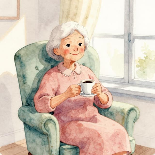 Charming ink and watercolor painting, clean lines, vibrant but soft color palette, storybook style. An elderly woman sitting in a large armchair by a bright window, a small white coffee cup in her hands, warm morning light on her face, her eyes calm and open. Peaceful and alive.