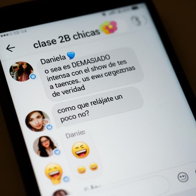 A close-up photo of a phone screen showing a WhatsApp group chat screenshot. The group name at the top reads 'clase 2B chicas 🌸'. Several chat bubbles are visible. One bubble, clearly from a contact named 'Daniela 💙', reads: 'o sea es DEMASIADO intensa con el show de talentos. a veces es vergonzosa de verdad'. Below it another bubble from Daniela reads: 'como que relájate un poco no?'. Other grey bubbles below show laughing emoji replies from other contacts. The screenshot has a slightly harsh phone-screen glow.