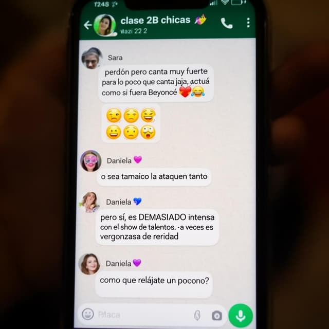 A phone screen showing a WhatsApp group chat screenshot, longer and uncut compared to the previous one. The group name reads 'clase 2B chicas 🌸'. The first visible bubble is from a contact named 'Sara' in grey, reading: 'perdón pero canta muy fuerte para lo poco que canta jaja. y actúa como si fuera Beyoncé 💀'. Below it several laughing emojis from other contacts. Then a bubble from 'Daniela 💙' reading: 'o sea tampoco la ataquen tanto'. Followed immediately by another Daniela bubble: 'pero sí, es DEMASIADO intensa con el show de talentos. a veces es vergonzosa de verdad'. Then a final Daniela bubble at the bottom: 'como que relájate un poco no?'. The screenshot is full-length, slightly blurry at the edges from being photographed on a phone.