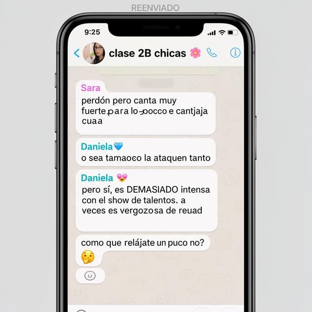 A phone screen showing a forwarded WhatsApp group chat screenshot. The group name reads 'clase 2B chicas 🌸'. The first visible bubble is from a contact named 'Sara' reading: 'perdón pero canta muy fuerte para lo poco que canta jaja'. Then bubbles from 'Daniela 💙' reading: 'o sea tampoco la ataquen tanto', followed by 'pero sí, es DEMASIADO intensa con el show de talentos. a veces es vergonzosa de verdad', and 'como que relájate un poco no?'. At the very bottom a final Daniela bubble showing a shrug emoji. The image has the word REENVIADO visible at the top in small grey letters.