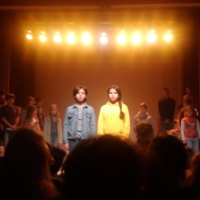 A photo taken from the audience looking up at a small school stage. Two teenage girls stand side by side under warm stage lights. The girl on the left has short dark hair and a denim jacket. The girl on the right has long dark hair in a braid and a yellow hoodie. They are both facing forward toward the audience. The lights are golden and slightly blurry at the edges. Other students stand around them on stage. The photo is a little shaky, taken quickly from the middle of the audience.