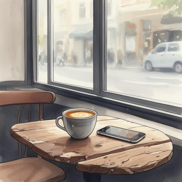 A photo taken from Valentina's perspective at a small café table: a half-finished cortado in a ceramic cup on worn wooden surface, a phone face-down beside it, soft afternoon light coming through a large window, the street outside slightly blurred. Charming ink and watercolor painting style, clean lines, vibrant but soft color palette.