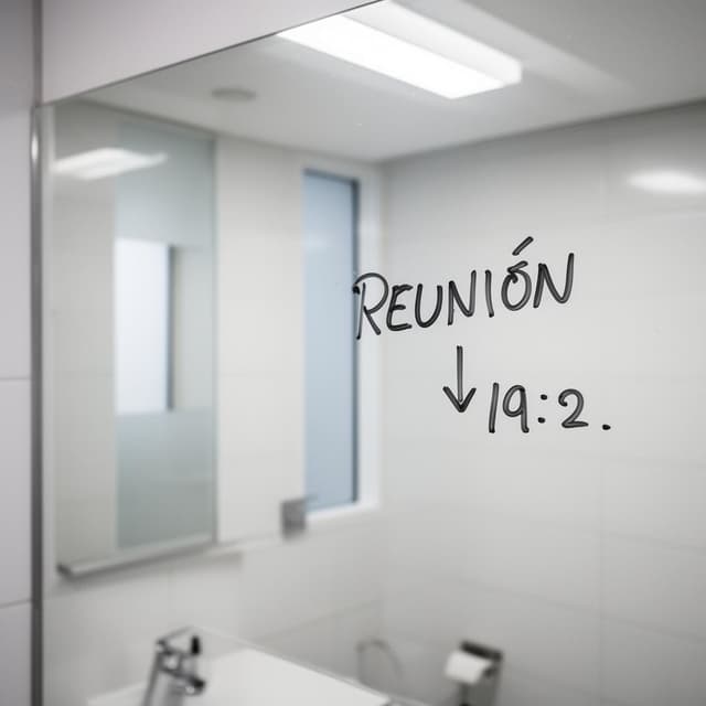 A photo taken in a small modern office bathroom — white tiles, fluorescent light, a narrow frosted window. On the mirror someone has written with a dry-erase marker the word REUNIÓN with an arrow pointing down and a time. The photo is slightly blurred and off-centre, like it was taken without thinking. Charming ink and watercolor painting style, clean lines, vibrant but soft color palette.