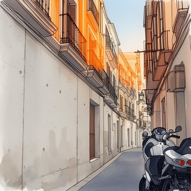 A photo taken from street level leaning against a pale concrete wall — looking up at a narrow Valencia street between two buildings, late afternoon sun cutting a sharp orange line across the upper floors, a scooter parked nearby slightly out of focus. Charming ink and watercolor painting style, clean lines, vibrant but soft color palette.