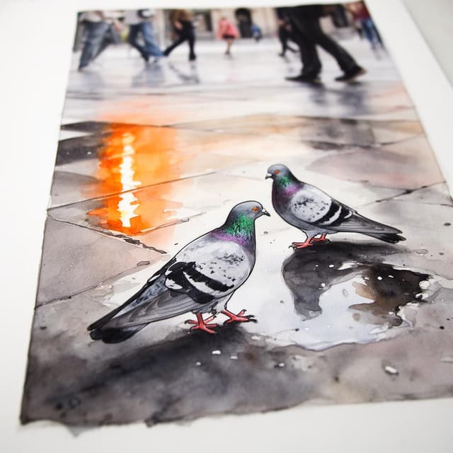 A photo taken from street level in Barcelona — looking down at two pigeons on a wet pavement, a reflection of orange streetlight in a puddle beside them, blurred legs of pedestrians passing in the background. The image is slightly crooked, taken without much thought. Charming ink and watercolor painting style, clean lines, vibrant but soft color palette.