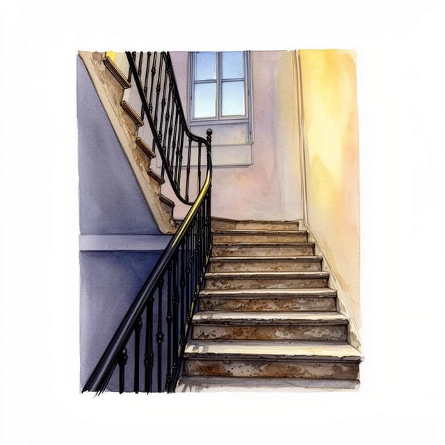 A photo taken from the bottom of a narrow Barcelona staircase looking upward — worn stone steps, a black iron railing, the last pale light of evening coming through a small window on the landing above. The shot is slightly crooked, taken without framing. Charming ink and watercolor painting style, clean lines, vibrant but soft color palette.
