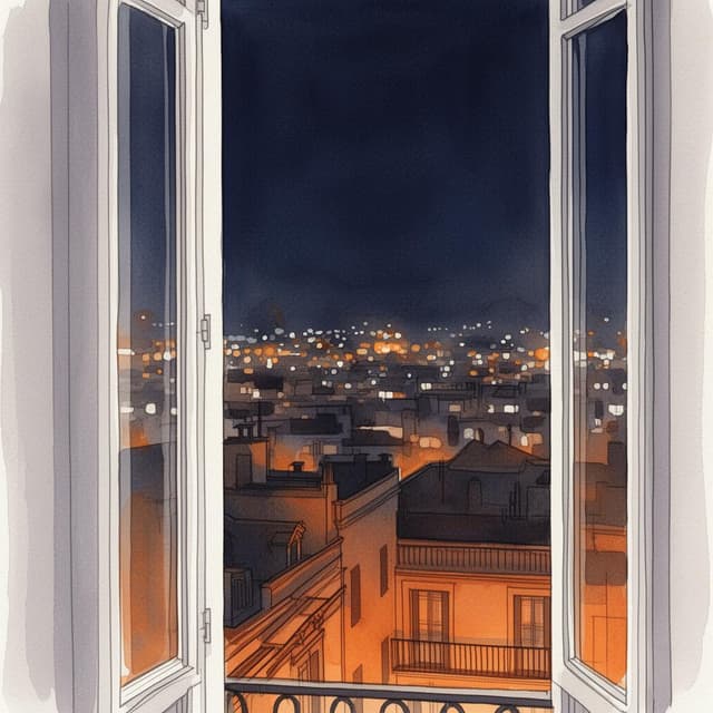 A photo taken from inside a Barcelona apartment, looking out through an open window at the city at night — rooftops and distant lights blurred softly in the dark, the orange glow of the city below, the edge of the window frame visible on one side. No people visible. The sky is a deep blue-black. Charming ink and watercolor painting style, clean lines, vibrant but soft color palette.