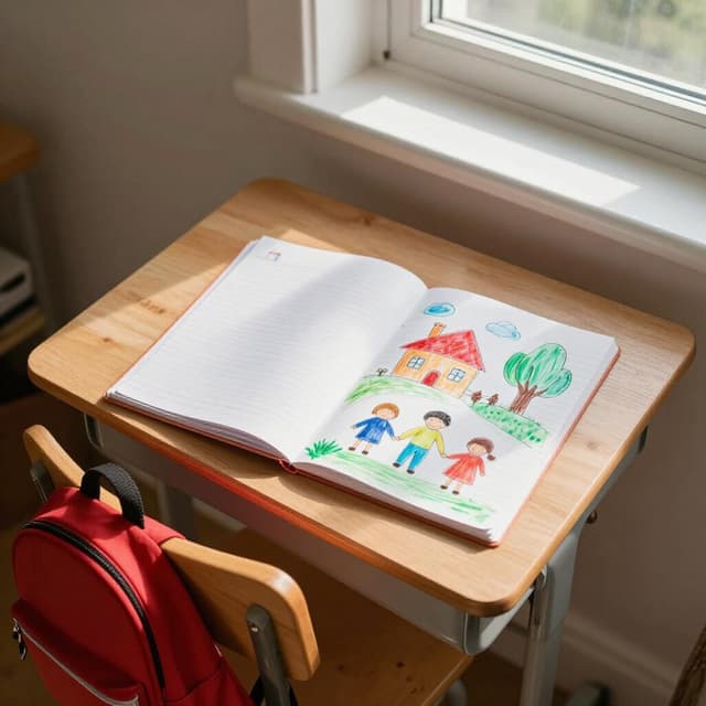 Photo taken from above showing a small wooden desk with a child's school notebook open, colorful drawings of a house and family, a small red backpack hanging on a chair, warm afternoon sunlight through a window, ink and watercolor style