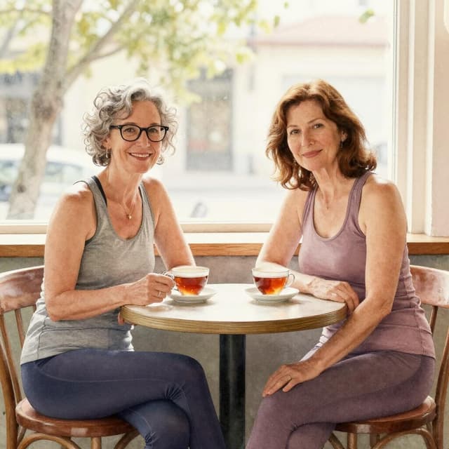 Photo showing two women sitting at a small café table with tea cups, one is a woman in her fifties with short gray curly hair and glasses smiling at the camera, the other is a woman in her sixties with shoulder-length brown hair and a gentle smile, both wearing yoga clothes, warm afternoon sunlight through a window behind them, cozy and intimate atmosphere, ink and watercolor style