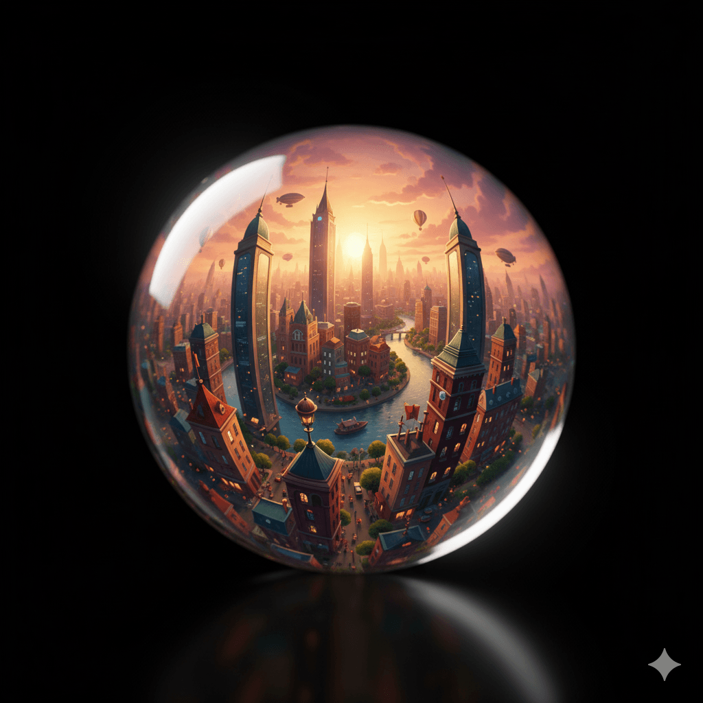 A close-up of a clear glass marble reflecting an entire bustling city, symbolizing the concept of 'everything' contained within one object.