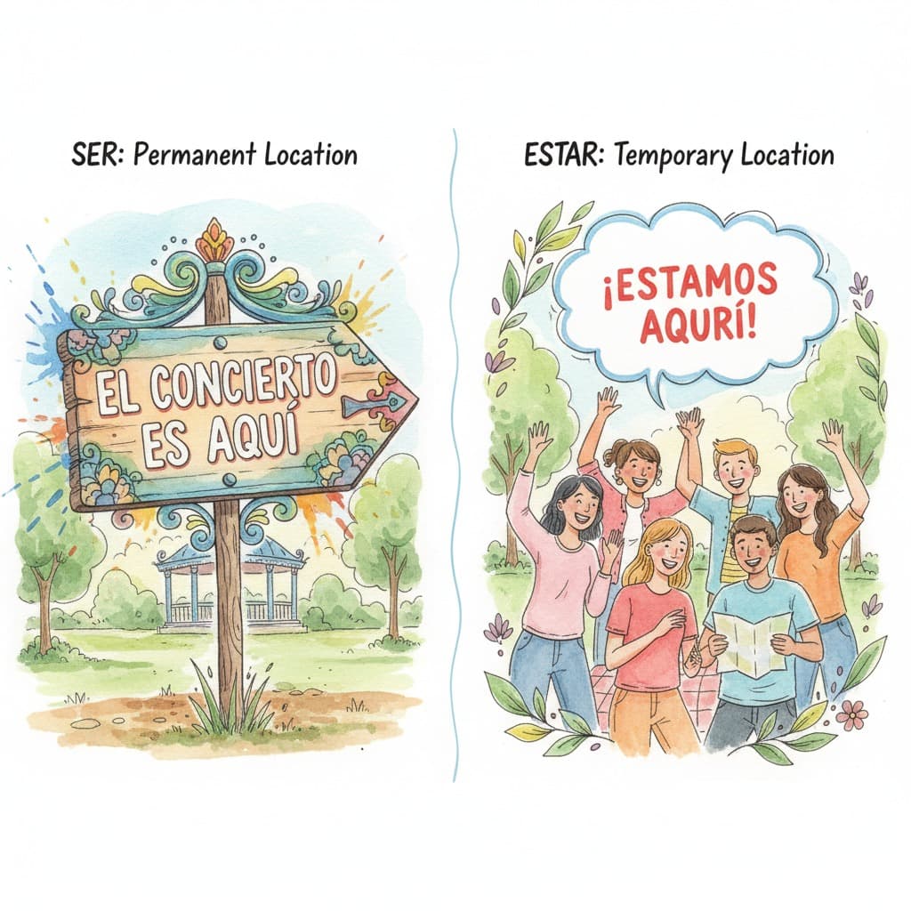 A watercolor painting showing the difference between ser and estar for location.