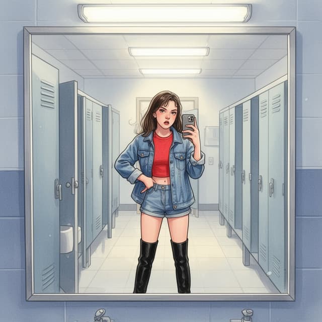 A selfie taken in a school bathroom mirror, bright fluorescent lighting. A teenage girl in a denim jacket, a red crop top, and black boots visible from the knees up. She is posing with one hand on her hip and a dramatic, mock-serious expression. The photo is slightly overexposed from the harsh bathroom lights.