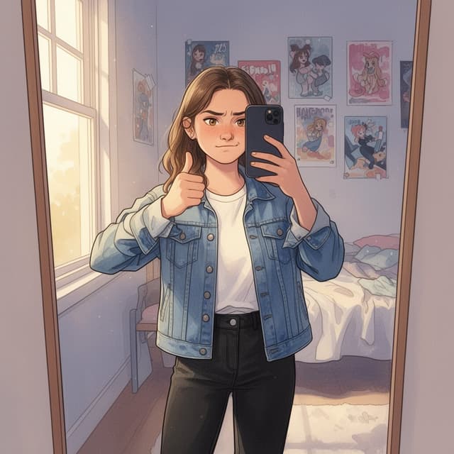 A phone photo taken in a mirror, slightly tilted, morning light from a window to the left. A teenage girl in a denim jacket over a white t-shirt and black jeans. She is giving a thumbs up with a joking serious face. The room behind her is a normal teenage bedroom with posters on the wall.