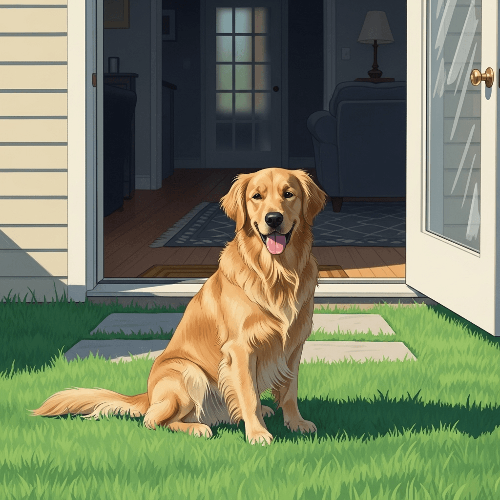 Ein glücklicher Hund sitzt auf dem Gras direkt vor einer offenen Tür und schaut aus dem Haus. Dies veranschaulicht die Bedeutung 'draußen'.