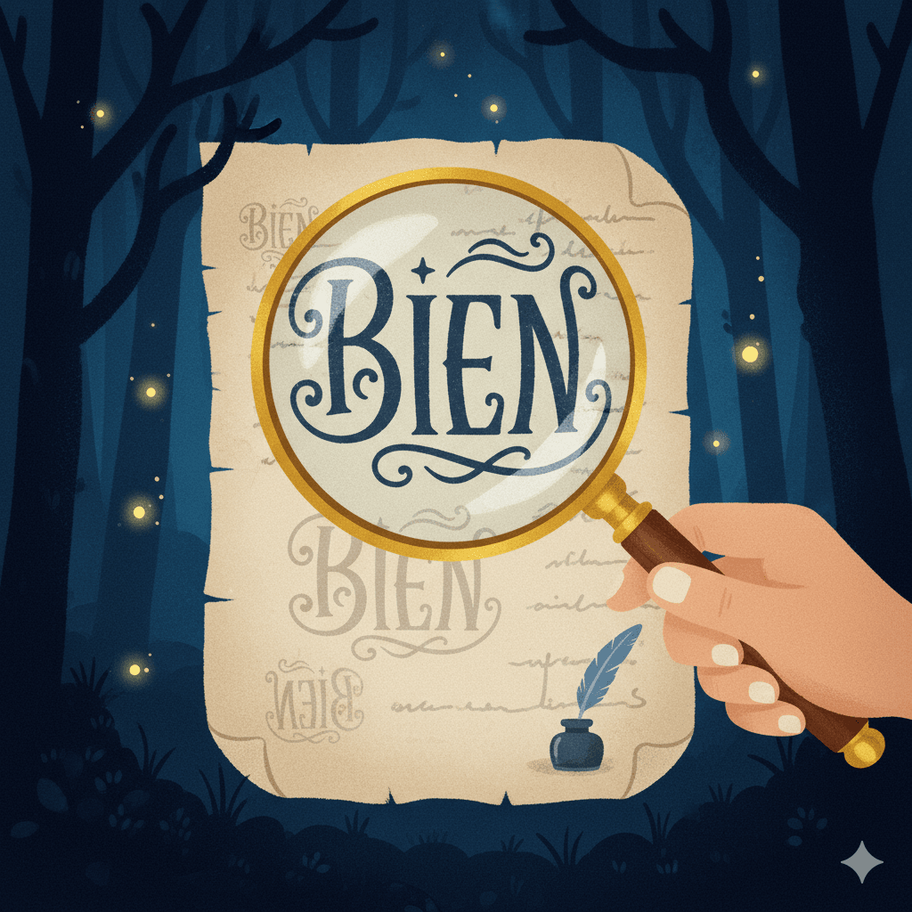 A magnifying glass making a word larger, symbolizing how 'bien' can intensify another word.