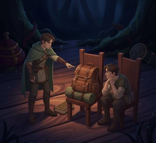 Une personne pointe vers un sac à dos sur une chaise à côté d'une autre personne, illustrant 'ahí' comme 'là, près de vous'.