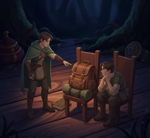 A person pointing to a backpack on a chair next to another person, illustrating 'ahí' as 'there, near you'.