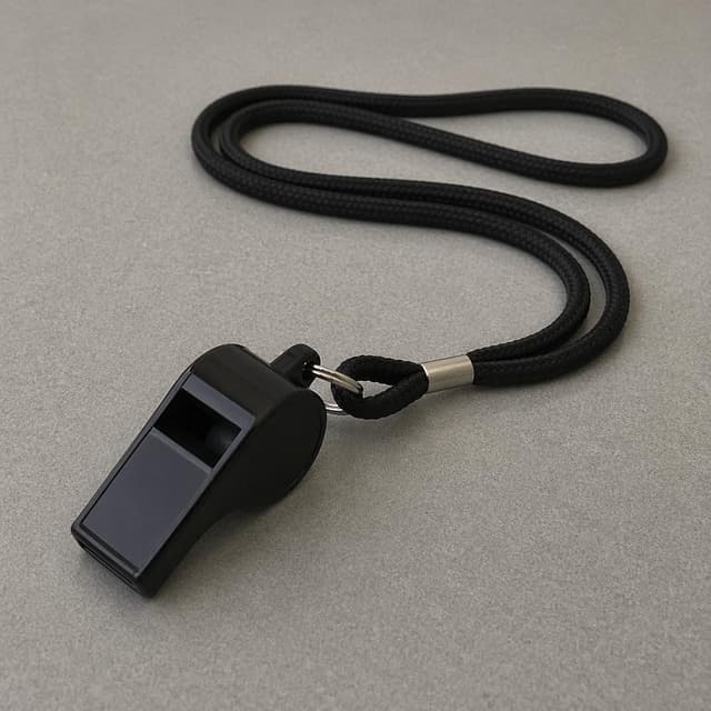 a black referee's whistle on a lanyard, lying on a plain grey table
Chat attachment instruction: Generate exactly one in-world chat attachment, not a collage, split-screen, comic panel, flashback, or explanatory scene. If the prompt is a screenshot, phone screen, document, note, card, map, receipt, label, object photo, or photo someone took, frame that artifact directly. A name appearing in visible text or in 'photo taken by X' is not an instruction to draw that person. Do not show recurring story participants as visible people unless the prompt itself explicitly says they are visible. Keep unrequested people, faces, and bodies out of the image.