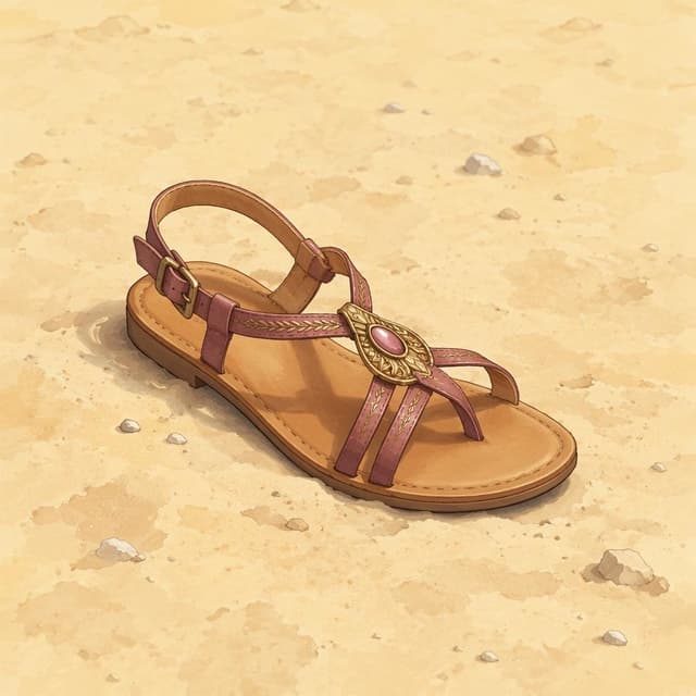 A single woman's sandal lying on pale desert sand, clean framing, storybook style
Chat attachment instruction: Generate exactly one in-world chat attachment, not a collage, split-screen, comic panel, flashback, or explanatory scene. If the prompt is a screenshot, phone screen, document, note, card, map, receipt, label, object photo, or photo someone took, frame that artifact directly. A name appearing in visible text or in 'photo taken by X' is not an instruction to draw that person. Do not show recurring story participants as visible people unless the prompt itself explicitly says they are visible. Keep unrequested people, faces, and bodies out of the image.