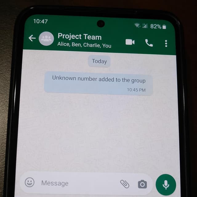 A close-up of a smartphone screen showing a WhatsApp group chat with a notification: 'Unknown number added to the group'
Chat attachment instruction: Generate exactly one in-world chat attachment, not a collage, split-screen, comic panel, flashback, or explanatory scene. If the prompt is a screenshot, phone screen, document, note, card, map, receipt, label, object photo, or photo someone took, frame that artifact directly. A name appearing in visible text or in 'photo taken by X' is not an instruction to draw that person. Do not show recurring story participants as visible people unless the prompt itself explicitly says they are visible. Keep unrequested people, faces, and bodies out of the image.