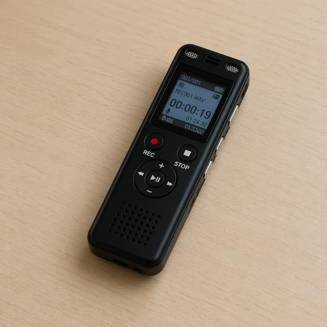 a small black handheld digital voice recorder on a plain desk
Chat attachment instruction: Generate exactly one in-world chat attachment, not a collage, split-screen, comic panel, flashback, or explanatory scene. If the prompt is a screenshot, phone screen, document, note, card, map, receipt, label, object photo, or photo someone took, frame that artifact directly. A name appearing in visible text or in 'photo taken by X' is not an instruction to draw that person. Do not show recurring story participants as visible people unless the prompt itself explicitly says they are visible. Keep unrequested people, faces, and bodies out of the image.
