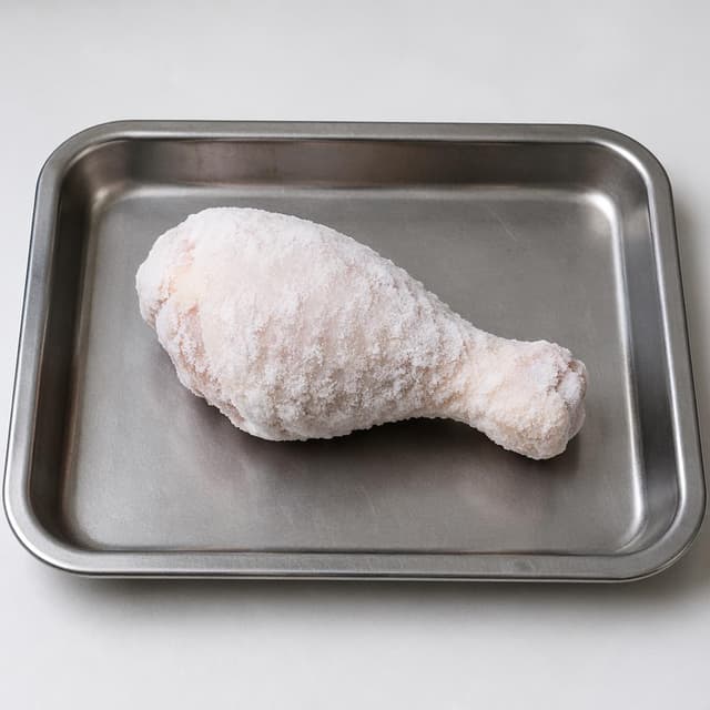 A single frozen chicken drumstick covered in thick white frost, sitting alone in a plain metal tray on a clean surface
Chat attachment instruction: Generate exactly one in-world chat attachment, not a collage, split-screen, comic panel, flashback, or explanatory scene. If the prompt is a screenshot, phone screen, document, note, card, map, receipt, label, object photo, or photo someone took, frame that artifact directly. A name appearing in visible text or in 'photo taken by X' is not an instruction to draw that person. Do not show recurring story participants as visible people unless the prompt itself explicitly says they are visible. Keep unrequested people, faces, and bodies out of the image.