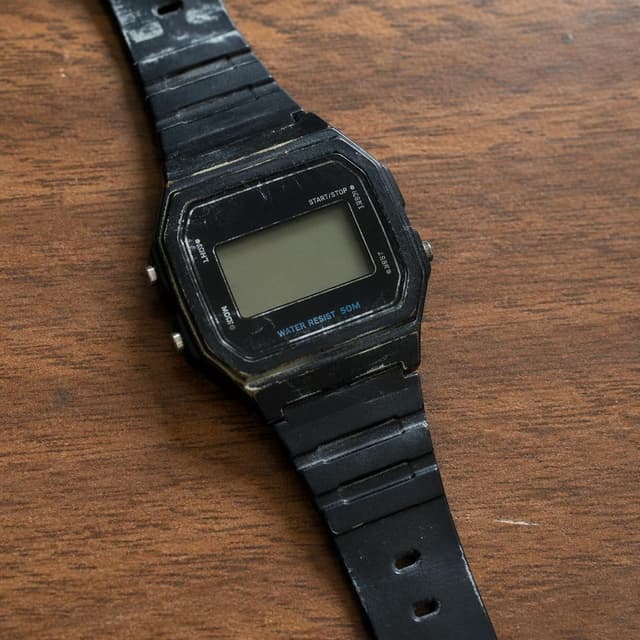 A scratched digital wristwatch with a worn black strap, on a plain wooden desk, screen blank
Chat attachment instruction: Generate exactly one in-world chat attachment, not a collage, split-screen, comic panel, flashback, or explanatory scene. If the prompt is a screenshot, phone screen, document, note, card, map, receipt, label, object photo, or photo someone took, frame that artifact directly. A name appearing in visible text or in 'photo taken by X' is not an instruction to draw that person. Do not show recurring story participants as visible people unless the prompt itself explicitly says they are visible. Keep unrequested people, faces, and bodies out of the image.