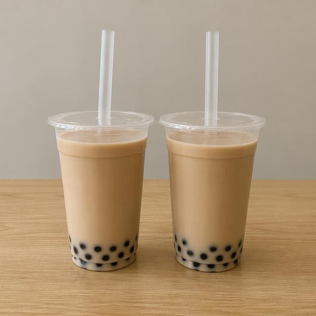 Two plain unlabeled milk tea cups with straws, side by side on a plain table
Chat attachment instruction: Generate exactly one in-world chat attachment, not a collage, split-screen, comic panel, flashback, or explanatory scene. If the prompt is a screenshot, phone screen, document, note, card, map, receipt, label, object photo, or photo someone took, frame that artifact directly. A name appearing in visible text or in 'photo taken by X' is not an instruction to draw that person. Do not show recurring story participants as visible people unless the prompt itself explicitly says they are visible. Keep unrequested people, faces, and bodies out of the image.