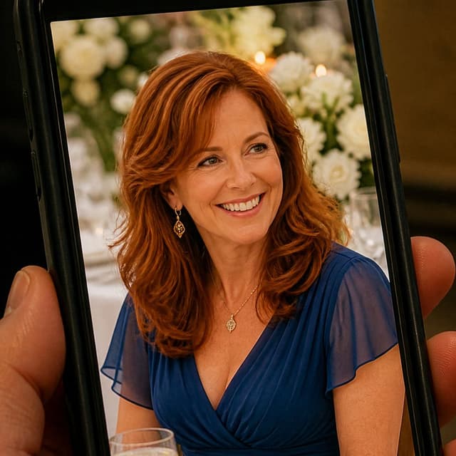 Charming ink and watercolor painting, clean lines, vibrant but soft color palette, storybook style. Phone photo showing a woman in her late 40s with vibrant auburn hair, wearing an elegant blue dress, smiling warmly at a wedding or party, soft natural lighting, slightly blurred background with flowers
Chat attachment instruction: Generate exactly one in-world chat attachment, not a collage, split-screen, comic panel, flashback, or explanatory scene. If the prompt is a screenshot, phone screen, document, note, card, map, receipt, label, object photo, or photo someone took, frame that artifact directly. A name appearing in visible text or in 'photo taken by X' is not an instruction to draw that person. Do not show recurring story participants as visible people unless the prompt itself explicitly says they are visible. Keep unrequested people, faces, and bodies out of the image.