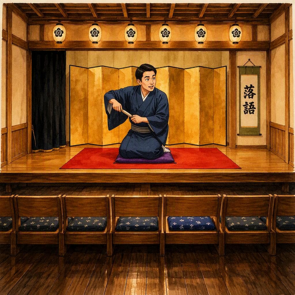 落語家が扇子を忘れた高座 — A1 Music & Arts história japonesa