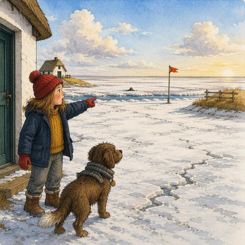Die rote Fahne am vereisten Watt vor Hallig Hooge — A1 Nature & Adventure storia tedesca