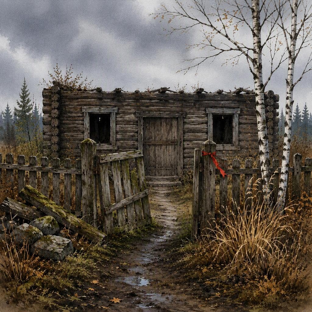 Le ruban rouge sur le portail de la maison de bains abandonnée — A1 Myths & Legends histoire russe