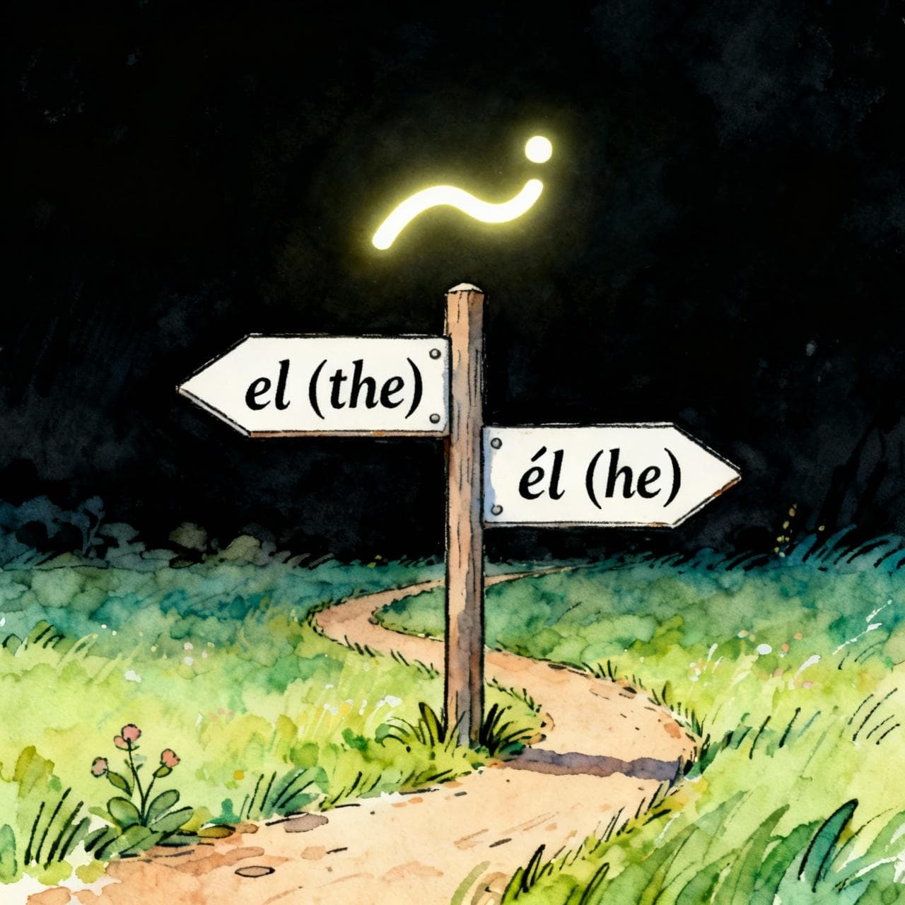 A simple signpost at a fork in a path. One arrow points left and is labeled 'el (the)'. The other arrow points right and is labeled 'él (he)'. A glowing tilde (´) is hovering above the 'él' sign, indicating its special meaning. Charming ink and watercolor painting, clean lines, vibrant but soft color palette, storybook style, dark background.