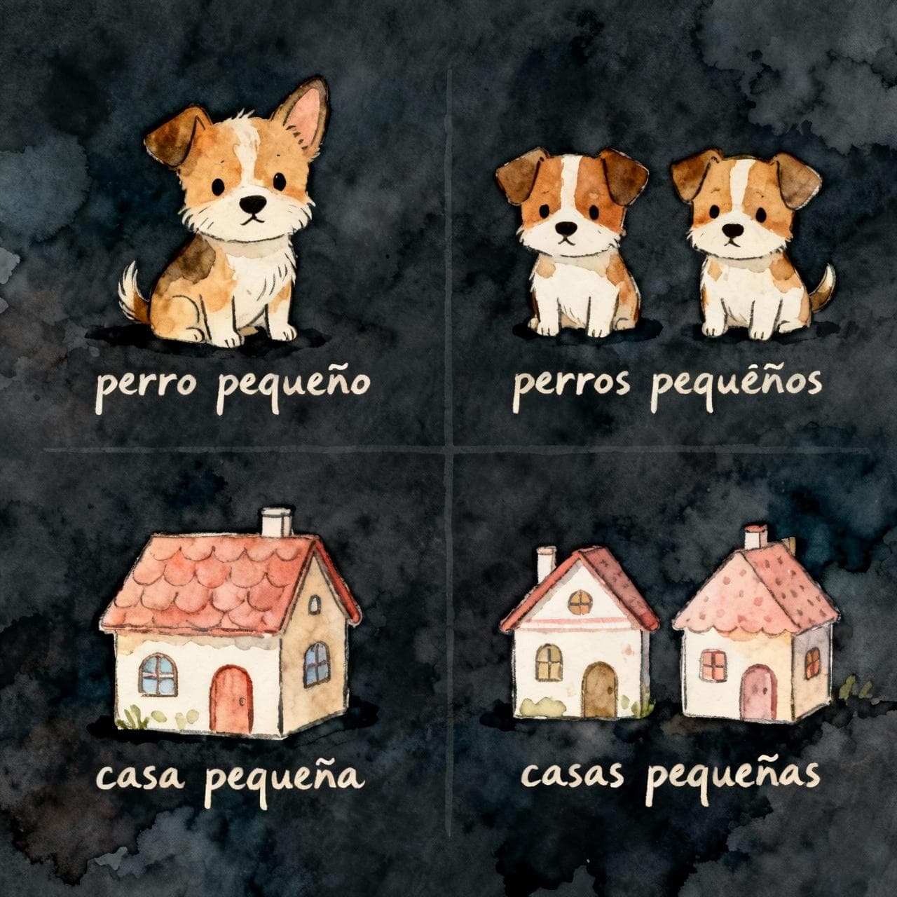 A four-quadrant grid showing the four forms of an adjective. Top-left: one small, masculine-looking dog ('perro pequeño'). Top-right: two small, masculine-looking dogs ('perros pequeños'). Bottom-left: one small, feminine-looking house ('casa pequeña'). Bottom-right: two small, feminine-looking houses ('casas pequeñas'). Charming ink and watercolor painting, storybook style. dark background.