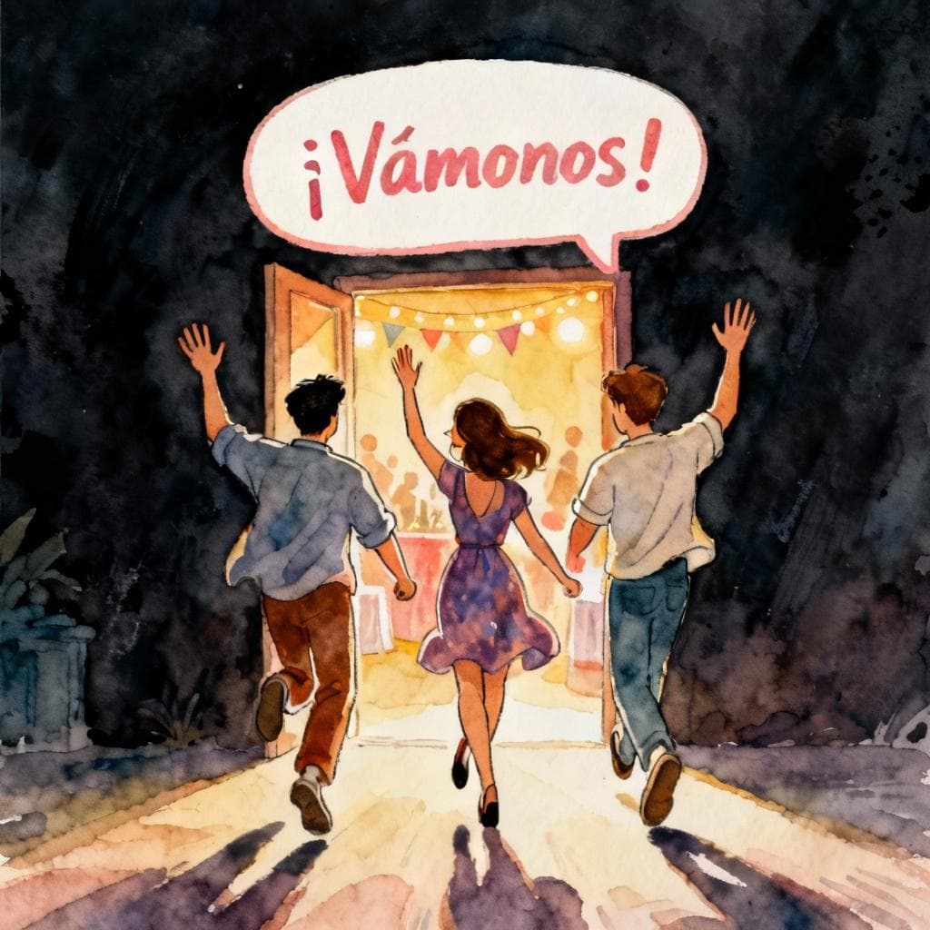 Charming ink and watercolor painting, clean lines, vibrant but soft color palette, storybook style, dark background. A cheerful group of three friends, two men and one woman, energetically waving goodbye and walking quickly away from a brightly lit doorway of a party venue. The words '¡Vámonos!' are painted in a speech bubble above them.