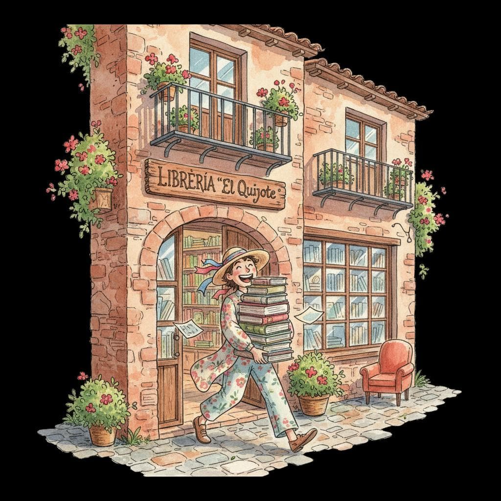A cheerful person happily walking out of a beautiful, cozy Spanish bookstore ('librería') with a newly purchased stack of books. Charming ink and watercolor painting, clean lines, vibrant but soft color palette, storybook style. black background.