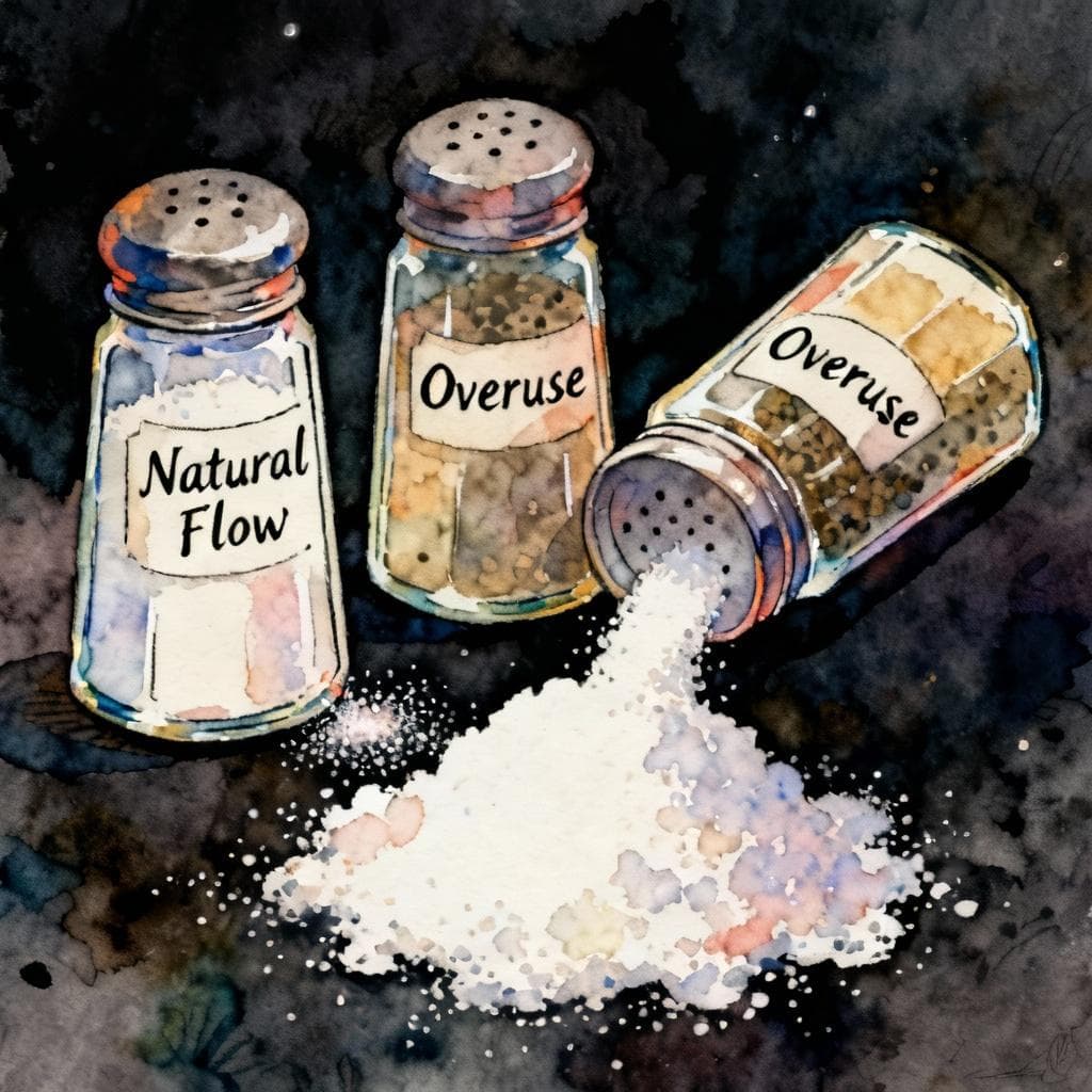 A set of kitchen salt and pepper shakers. The salt shaker is labeled "Natural Flow" and is being sprinkled lightly. The pepper shaker is labeled "Overuse" and is being tipped over, pouring out a huge pile. Charming ink and watercolor painting, vibrant but soft colors, storybook style. dark background.