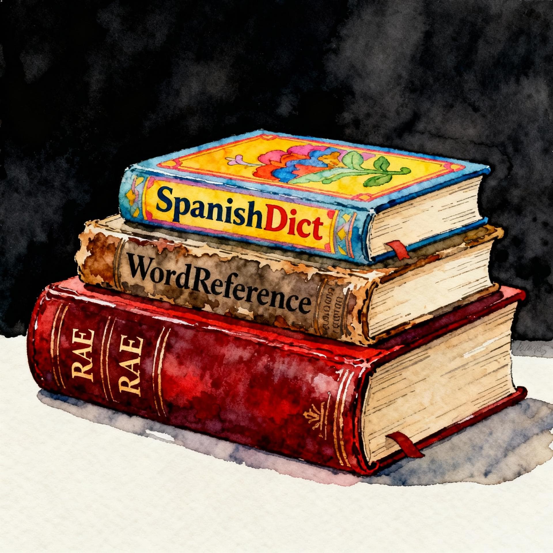 Charming ink and watercolor painting, clean lines, vibrant but soft color palette, storybook style, dark background. Three distinct, antique-style books are stacked neatly: one labeled 'SpanishDict' (bright and colorful), one labeled 'WordReference' (worn and scholarly), and one labeled 'RAE' (large, authoritative, and bound in deep red leather).