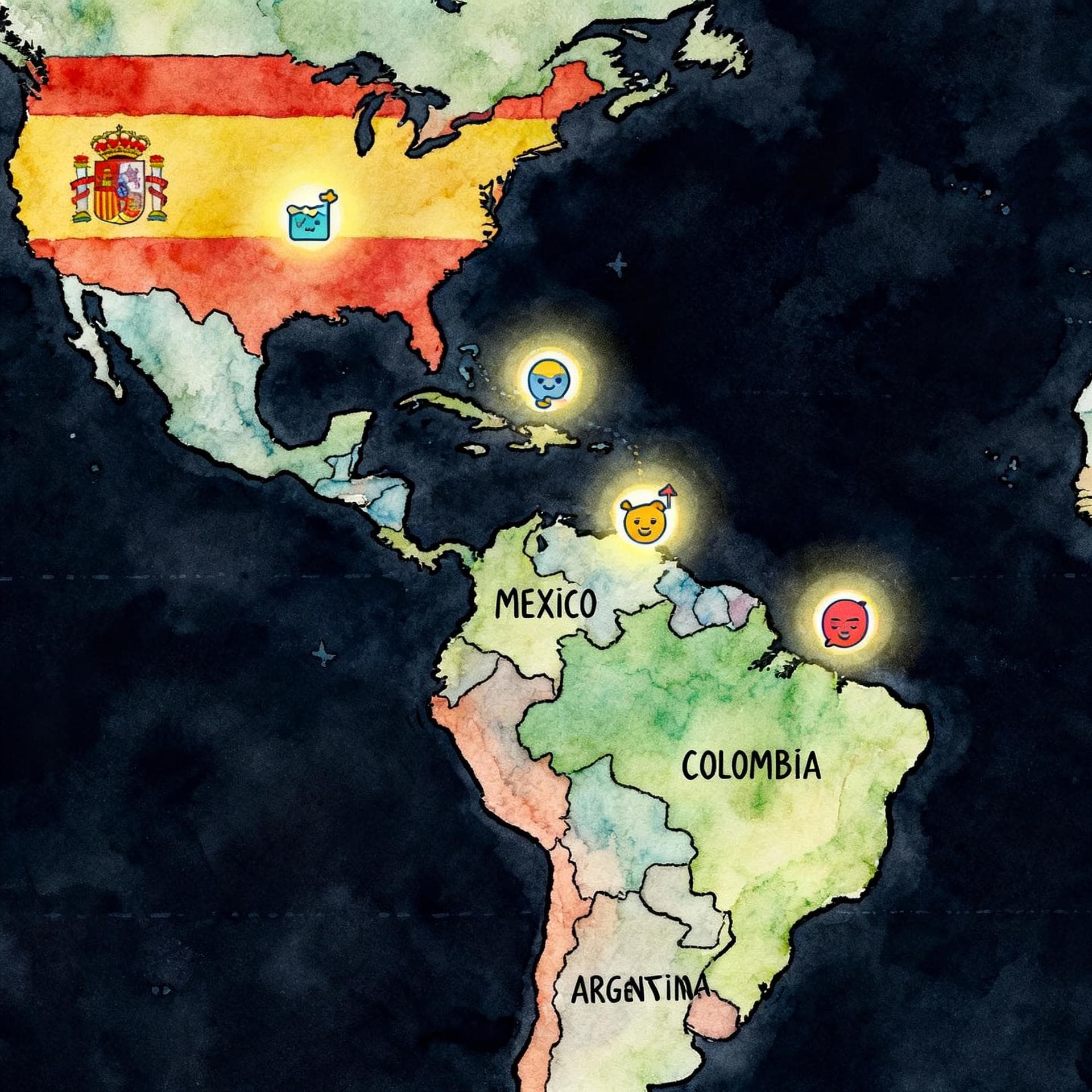 Charming ink and watercolor painting, clean lines, vibrant but soft color palette, storybook style, dark background. A stylized map of the world highlighting Spain, Mexico, Colombia, and Argentina with small, glowing icons representing different accents or dialects emanating from each country.