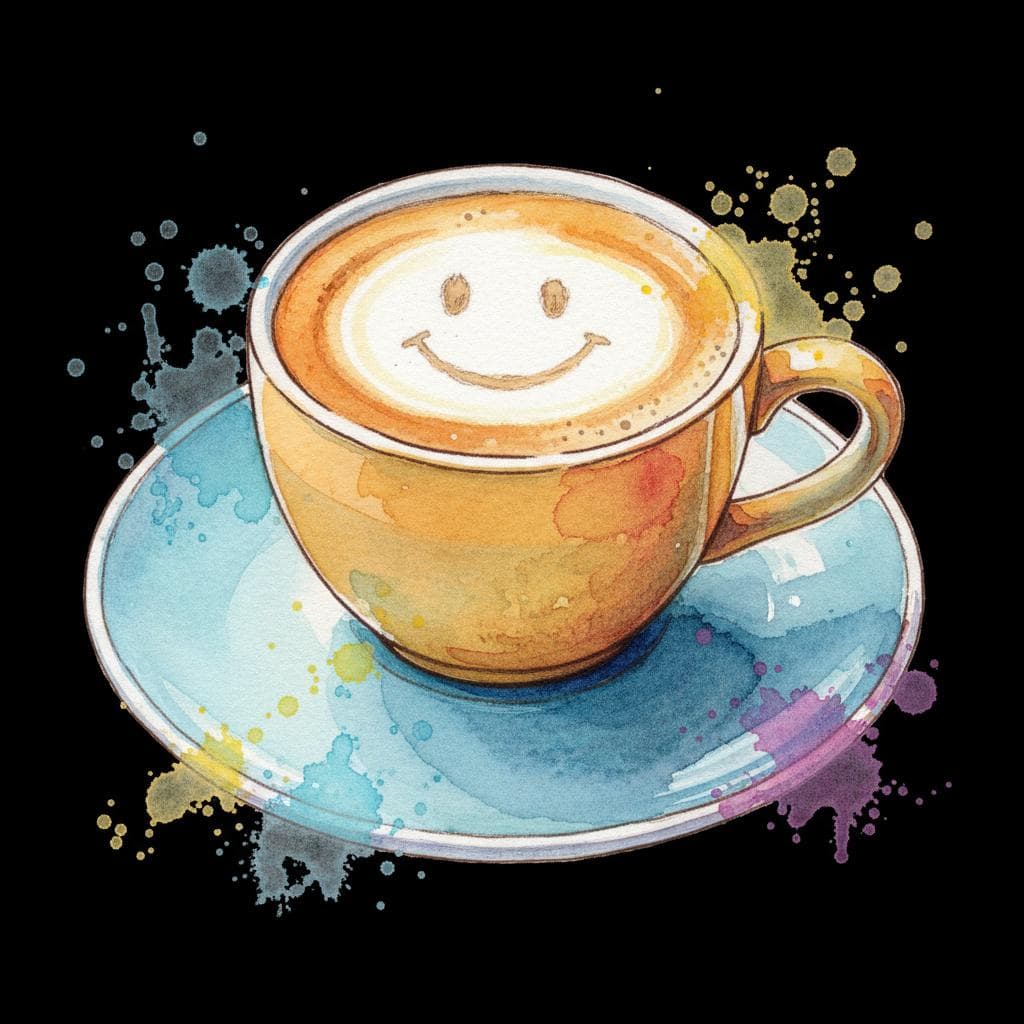 A charming, small espresso cup with a smiley face drawn in the foam, sitting on a saucer. The style is a whimsical ink and watercolor painting with a vibrant but soft color palette against a solid black background.